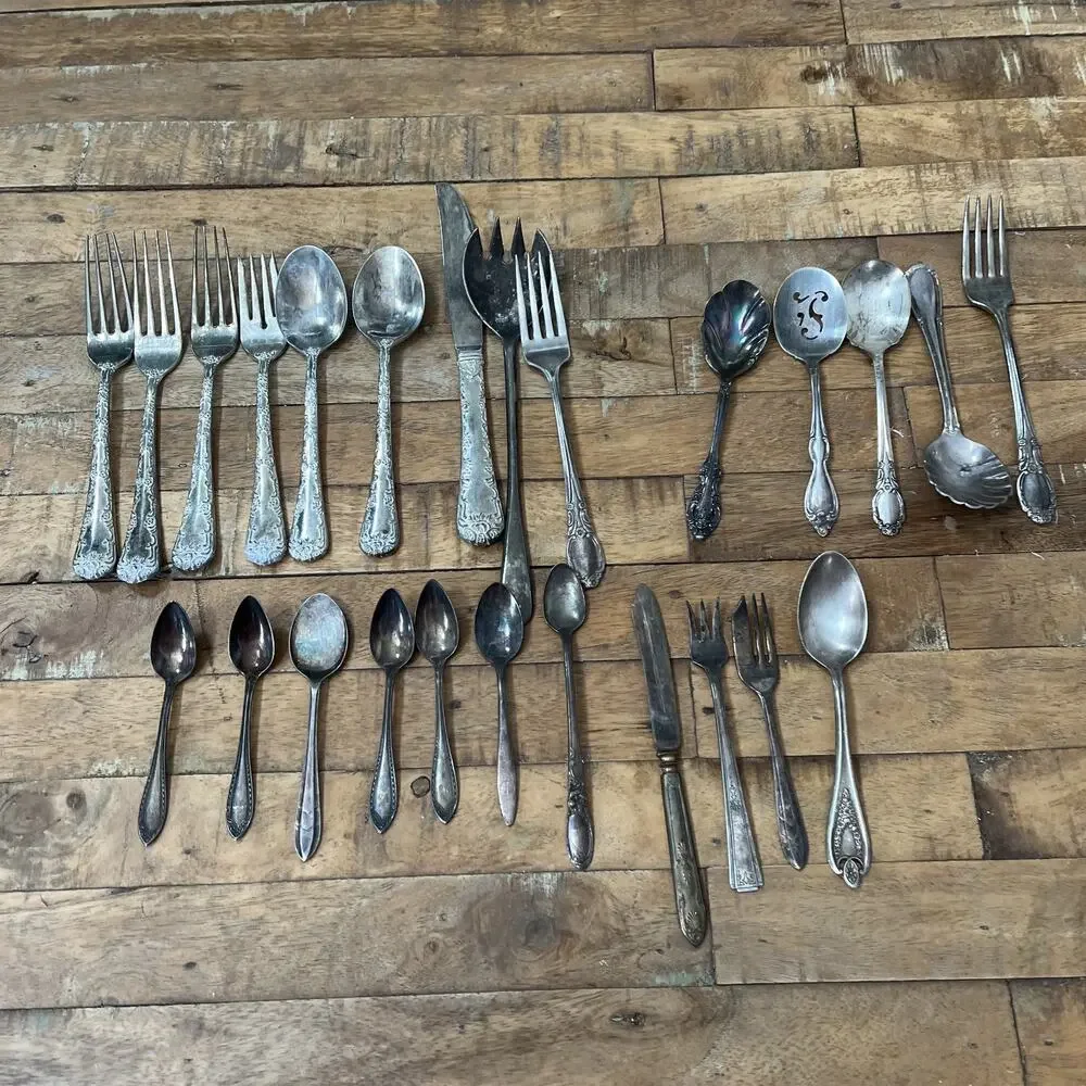 Vintage Silverplate Flatware Lot 25 Pieces Mixed Patterns